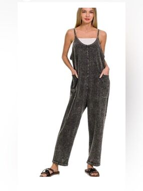 Zenana Acid Wash Cotton Jumpsuit S/M Black Pockets Overalls Romper Boho